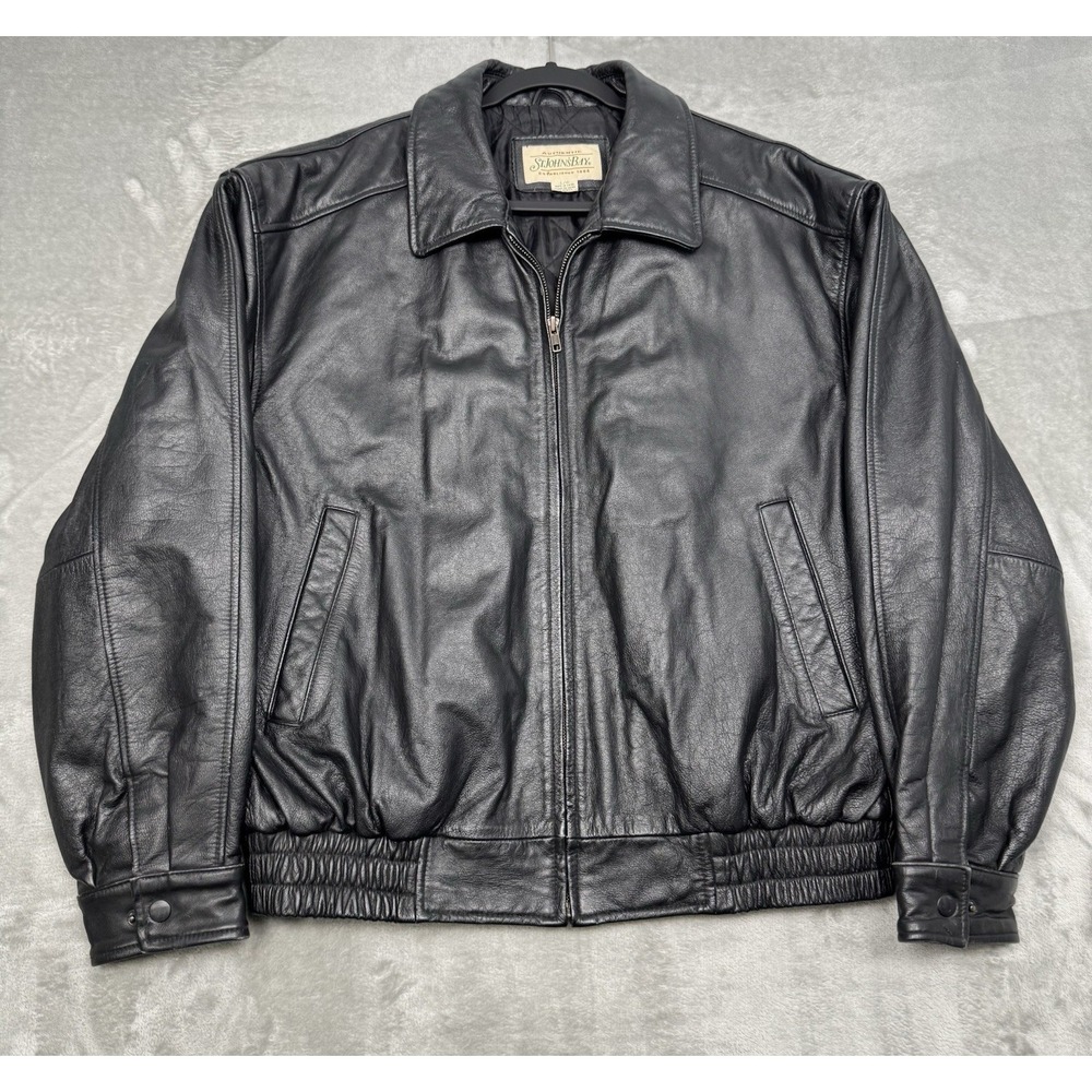 Vintage St Johns Bay Leather Jacket Mens Large Black Bomber Biker Retro 90s Y2K